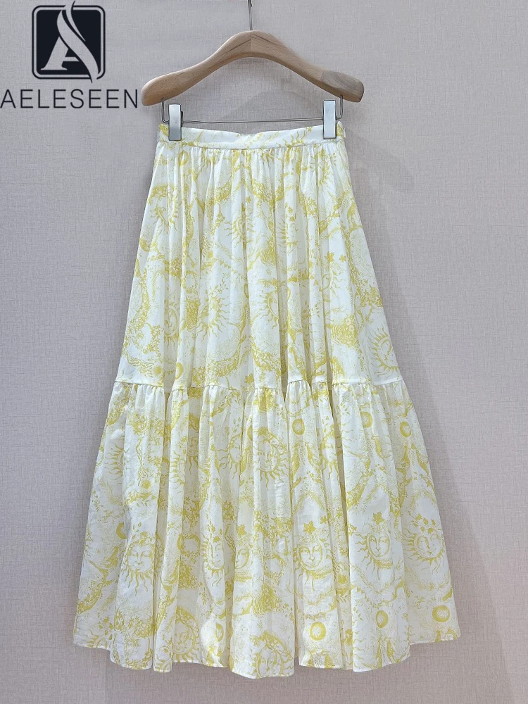 AELESEEN Vintage Long Poplin Skirt Designer Fashion Women Summer 100% Cotton High Street Yellow Flower Print Elegant Party