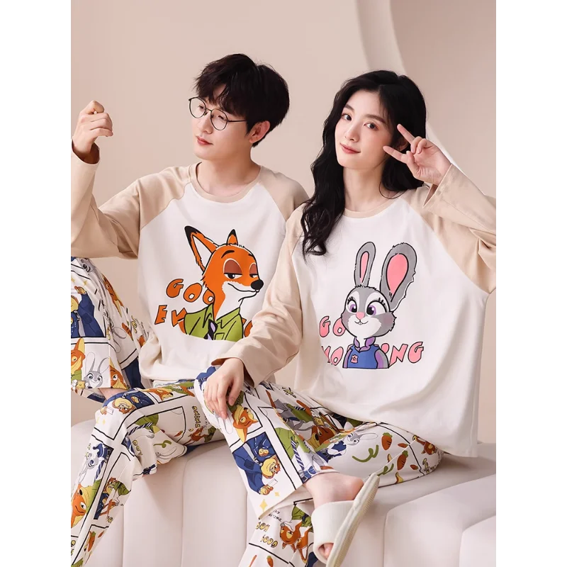 Cartoon Disney pajamas couple set autumn pure cotton long-sleeved trousers two-piece set loungewear casual women\'s pajamas