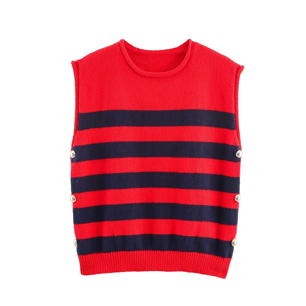 

women's autumn new style temperament slim fit round neck sleeveless side button striped knit vest top