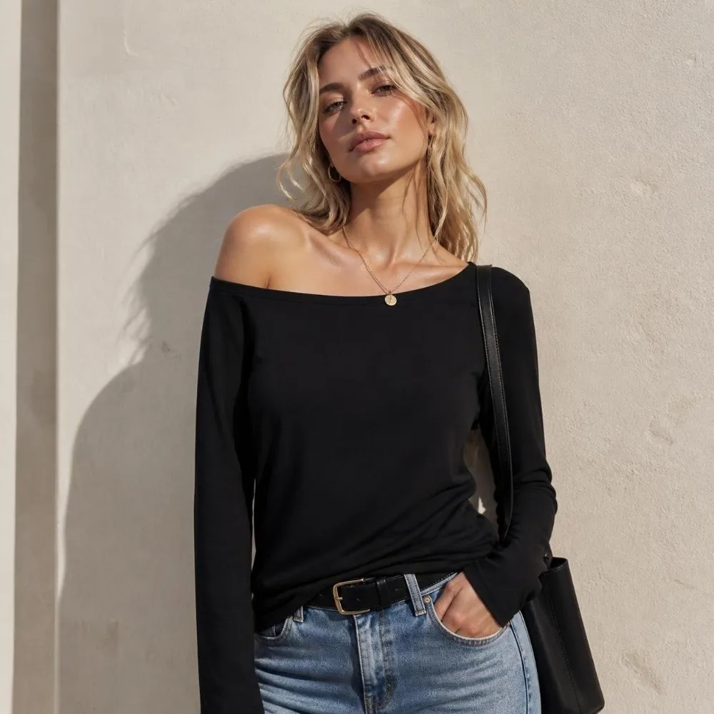 Lässiges Herbst-Winter-Oberteil mit einer Schulter, langen Ärmeln, einfarbig, schulterfreies T-Shirt, Oversize-Basis-T-Shirt für Jugendliche – Detail 7