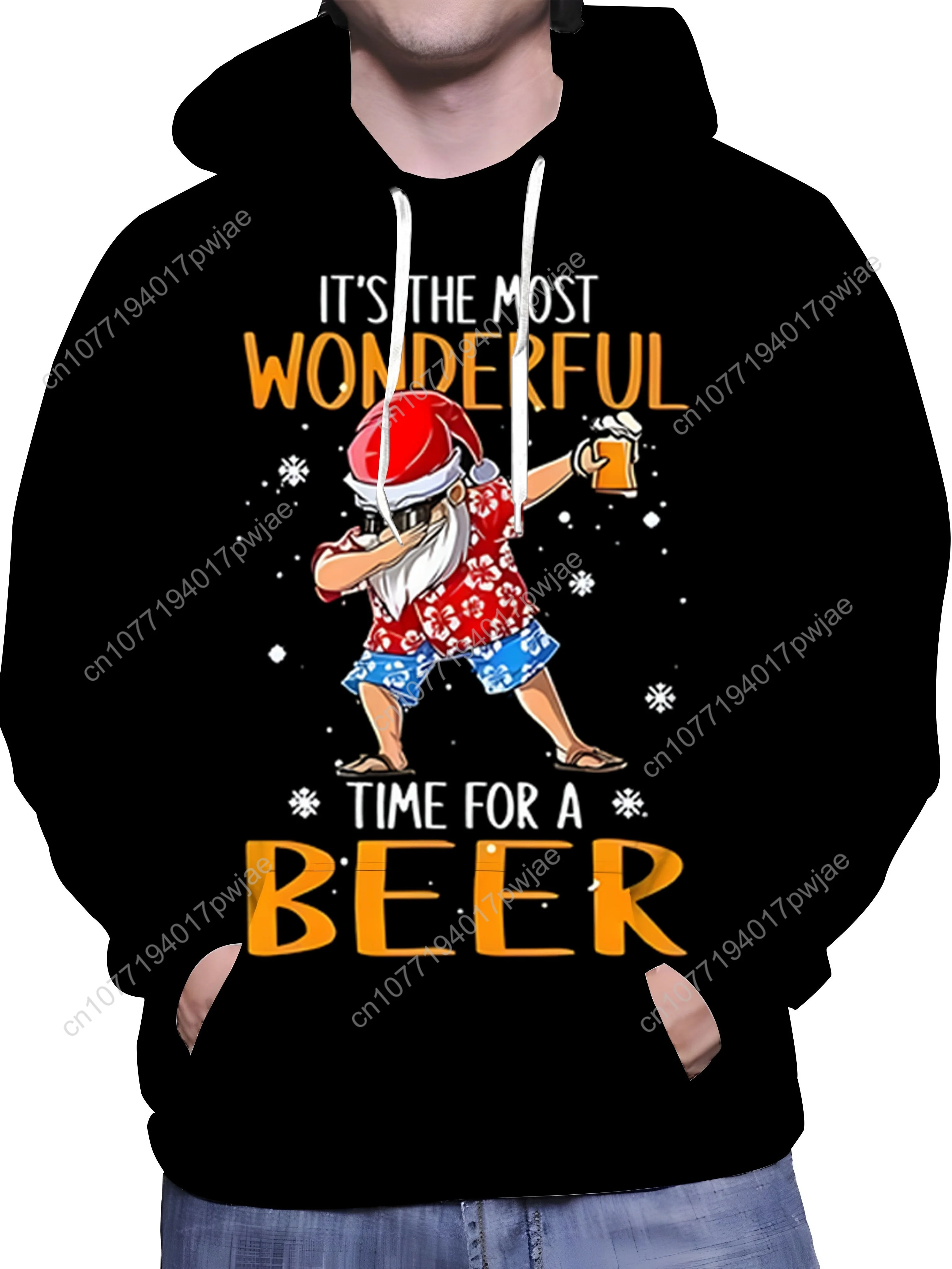 Christmas Santa Hat Pattern Hoodie for Men - Casual Polyester Knit Fabric with Hood, Regular Fit, Novelty Beer-Themed Design