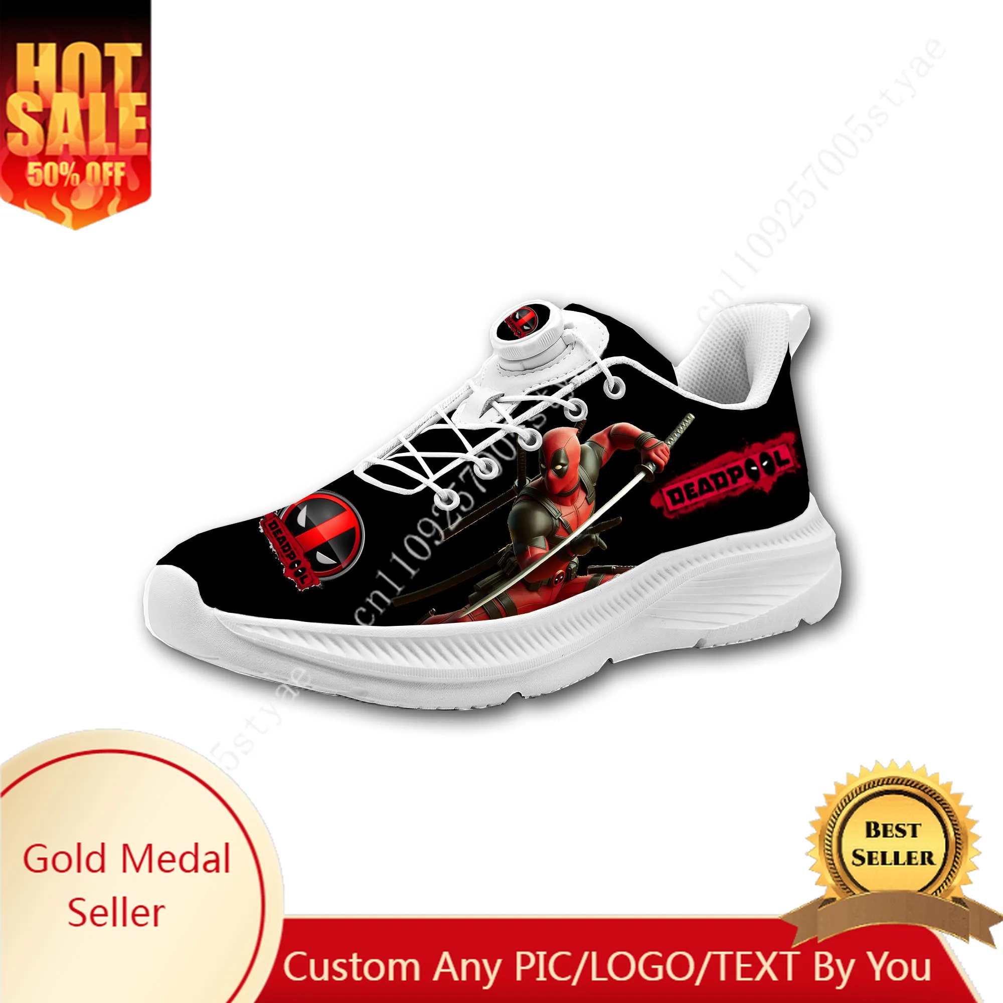 Marvel Deadpool Wade Winston Wilson Casual Hiking Shoes Mens Womens Laceless Rotating Button Sports lightweight Custom Sneaker