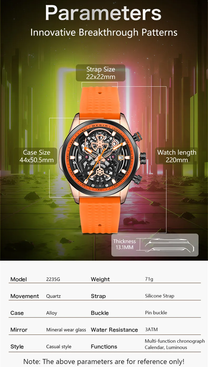 MEGIR Watch for Men Silicone Strap Quartz Sports Wristwatch Luxury Multi-functional Luminous Calendar Big Dial Wrist Watches