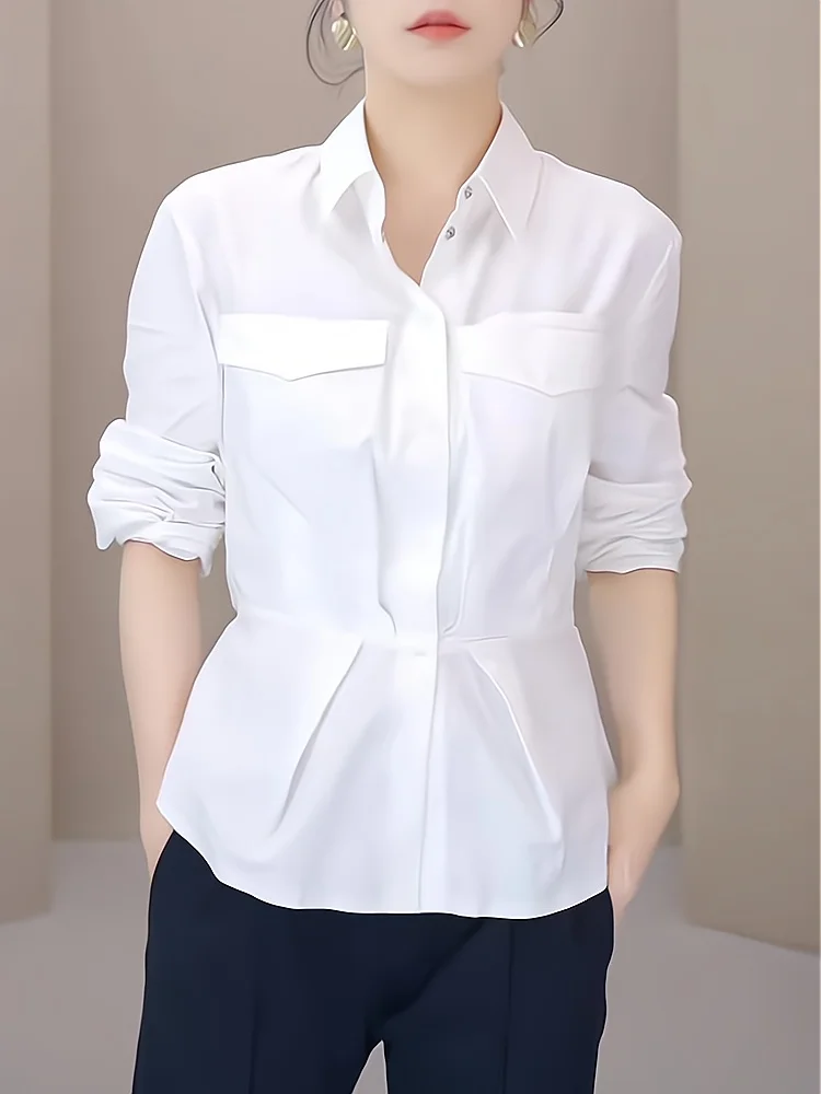 

Ele Waist-Cinching Commute Design Long Sve Loose irt Women's Faionable Top Trendy Korean Sle Autumn 2025