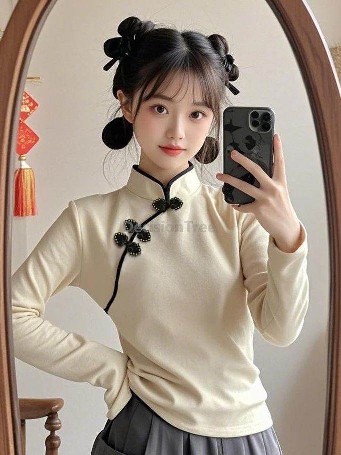 

Новая женская рубашка в китайском стиле ретро, осенне-зимняя, с длинным рукавом, универсальная, элегантная, в стиле литературного искусства, топ-ципао