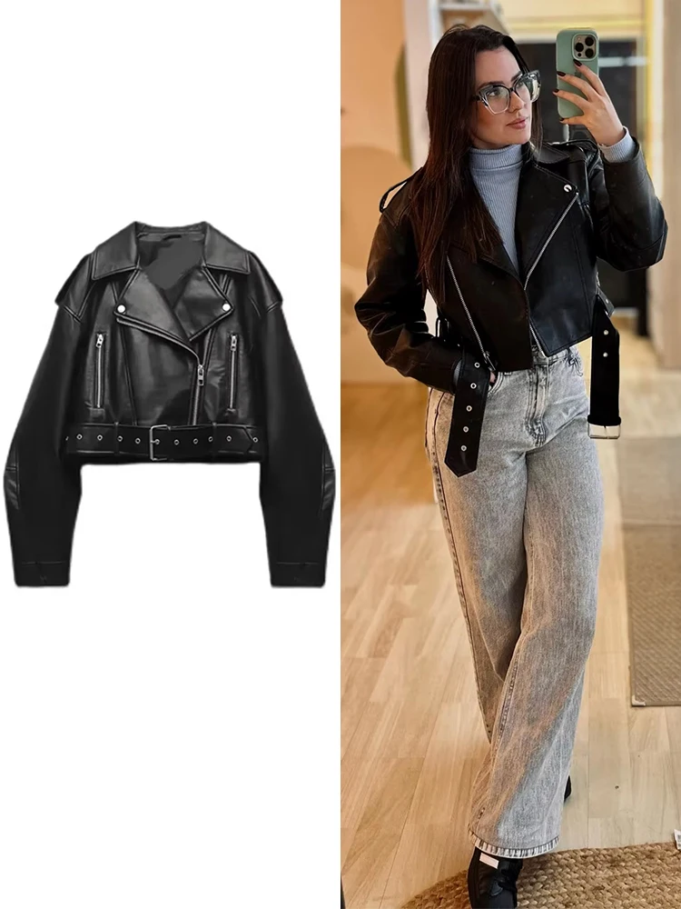 

Women's Fashionable Black Retro Faux Leather Jacket With Lapel, Long Sleeved Belt Design, Motorcycle Jacket, Street Women's Clot