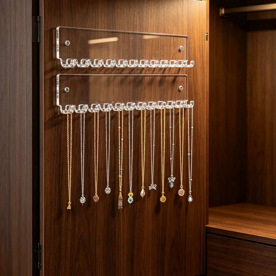 Acrylic Necklace Holder 1pc Clear Wall Mount Jewelry Organizer with 12 Hooks Tangle-Free Display Stand for Closet Cabinet Door
