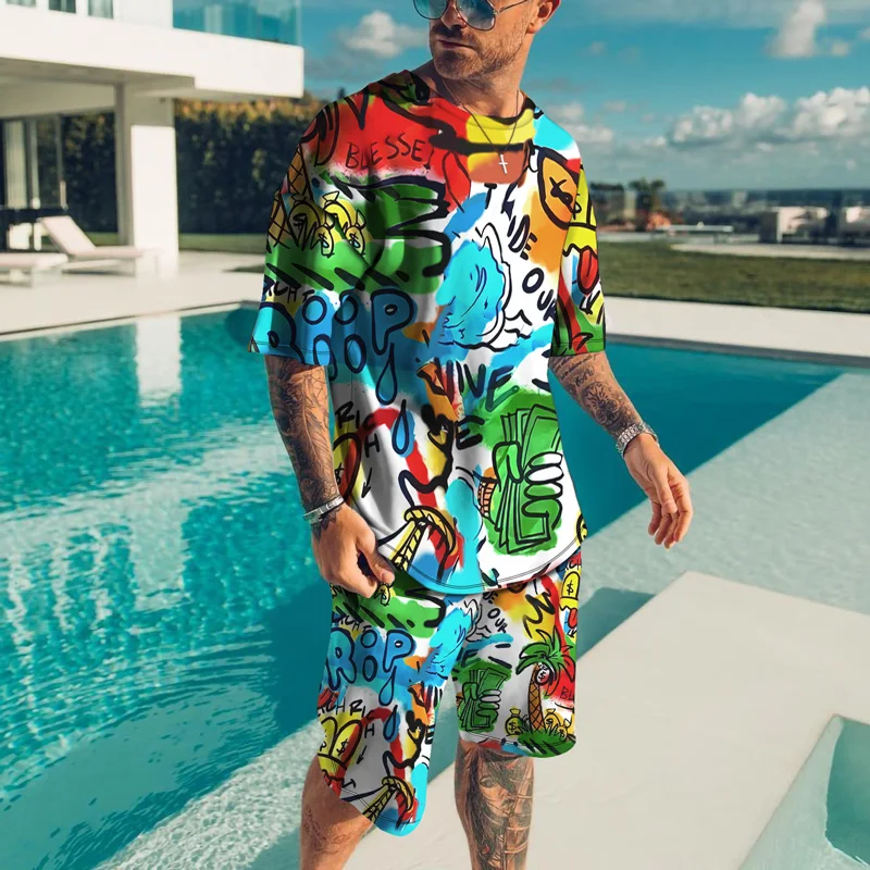 Summer Colorful Eye Graffiti Tracksuit 3D Printed Men Beach Short Sleeve T Shirt Set 2 Piece Outfits Sportwear Clothes for Men