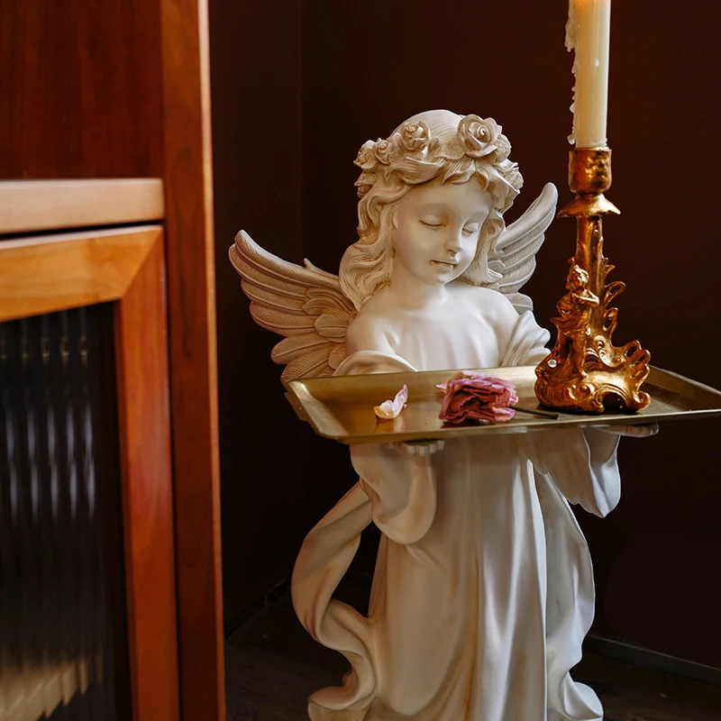 Large French Angel Statue - Vintage Welcome Floor Decor with Tray, Rustic Farmhouse Entryway Accent for Porch Home Decoration