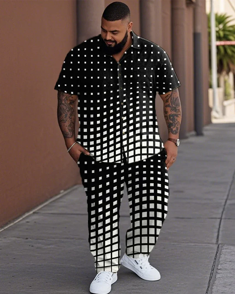 

S-9XL Big and Tall Men Checkered Gradient Line Print Short Sleeve Shirt & Pants 2 Piece Casual Set