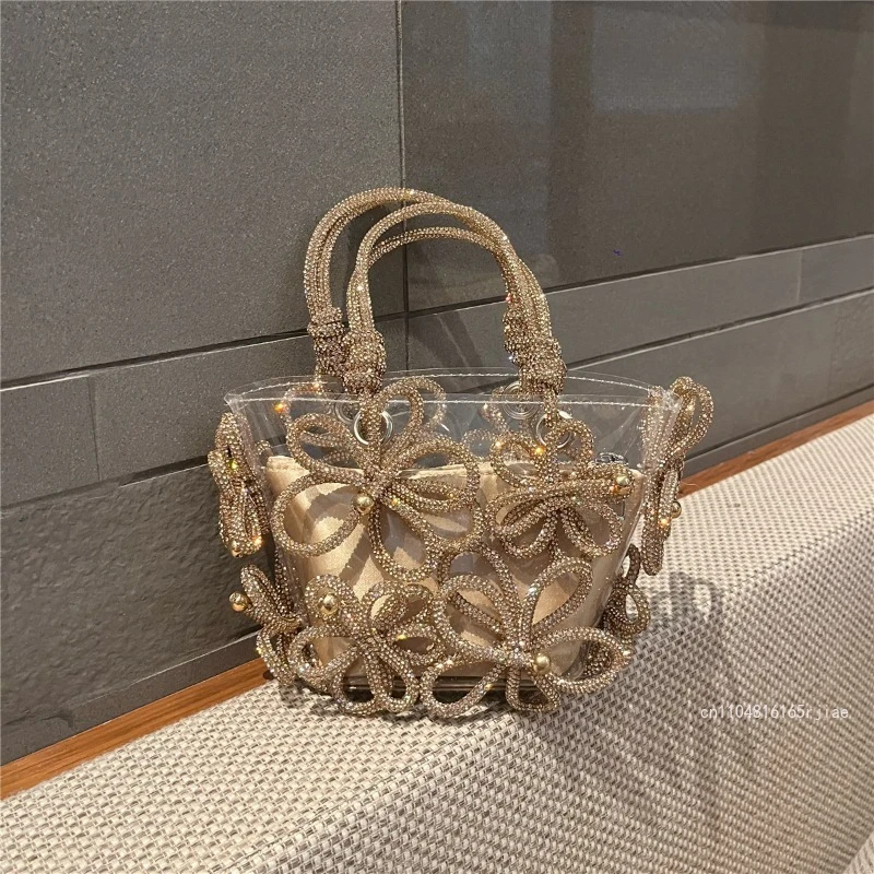 New High-end PVC Jelly Bag Transparent Hot Diamond Bow Bucket Storage Bag Handmade Flower Shiny Women's Handheld Coin Purse