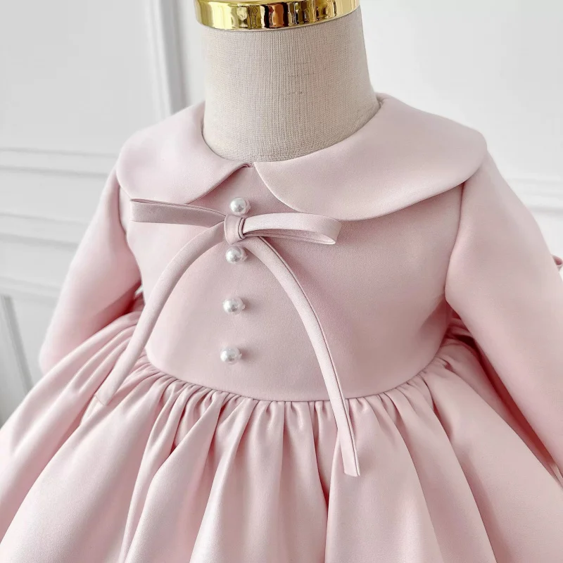 Korean Style Simple Baby Girl First Birthday Dress New Satin Princess Dress Pink Birthday Hundred Days Photo Shoot Toddler Dress