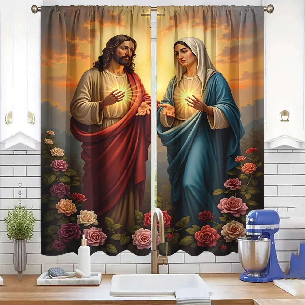 Dramatic Christian Religious Curtains Jesus and Mary Bible Art Floral Window Panels Gothic Home Decor Sanctuary Curtains for Bed