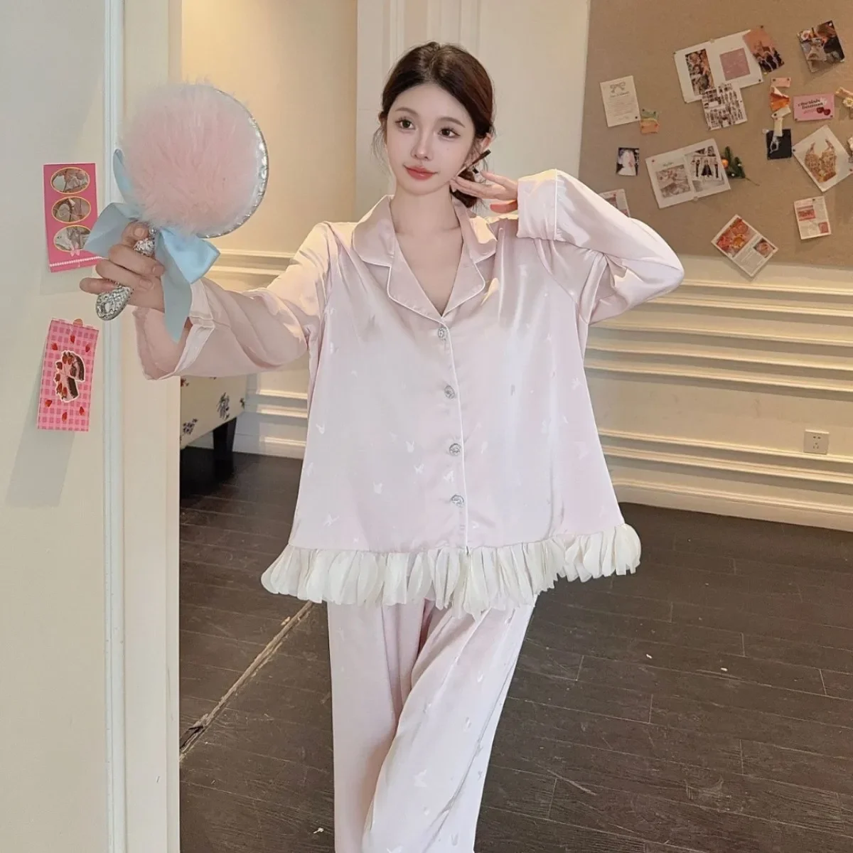 

2025 New Homewear Princess Style Pajamas Suit Print Sleepwear Girl Luxury Loungewear Long Sleeve Top&pants Casual Trousers Suit