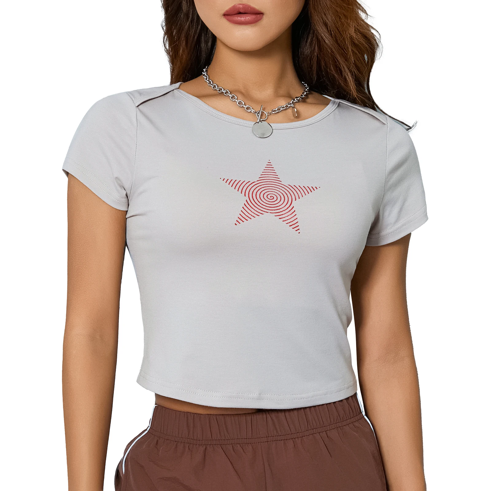 Women T-shirt, Crew Neck Short Sleeve Star Print Slim Fit Summer Tops for Casual Daily