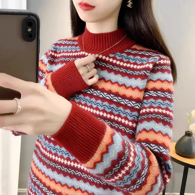 

Loose Women's Knitted Sweater f High Collar Stripe Pattern Slimming Ethnic Sle Base Layer Autumn Winter New Arrival