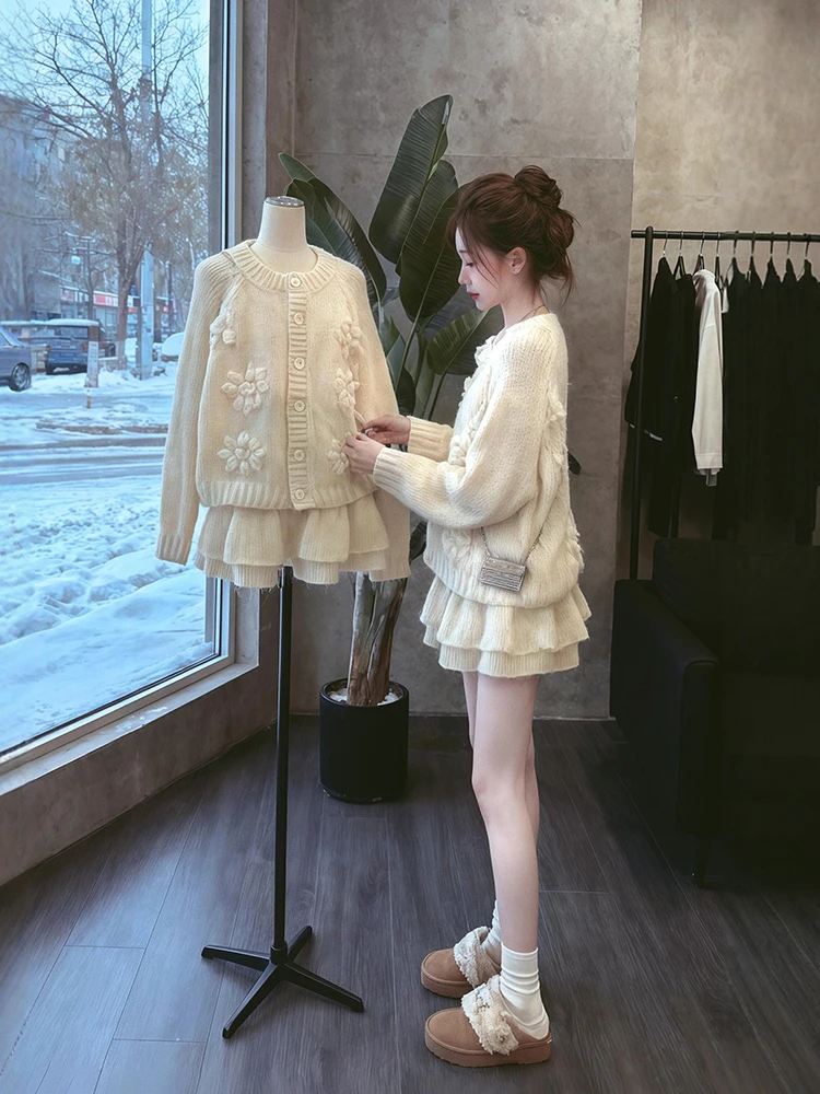 

Шикарный зимний вязаный комплект больших размеров с вырезом крючком, пышной юбкой и открытым кардиганом для женщин в Корейском стиле