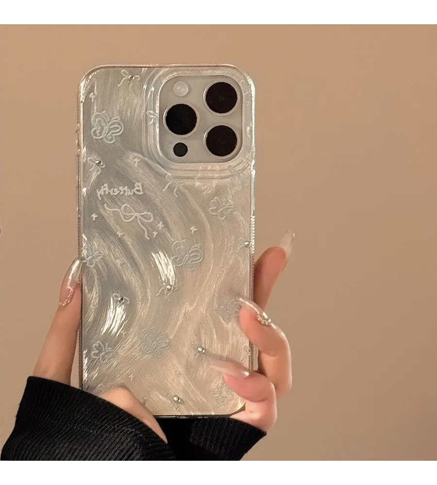 Feather Texture Light Blue Bow Rhinestone Phone Case For Iphone 12 13 14 15 16 17 Butterfly Print Clear Shockproof Hard Cover