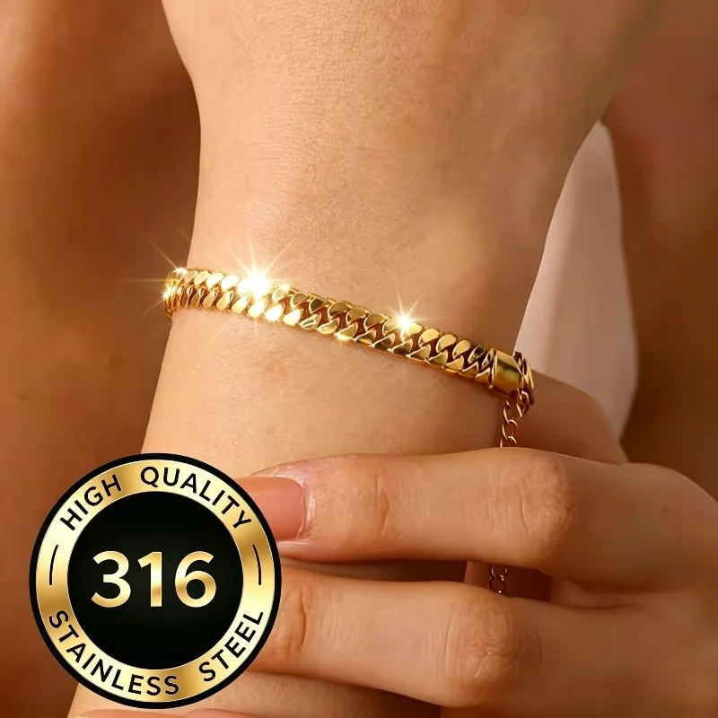 1pc Bracelet en os de serpent de style luxueux, chaîne épaisse en acier inoxydable résistant à la décoloration, bijoux de mariage unisexe plaqué or tendance