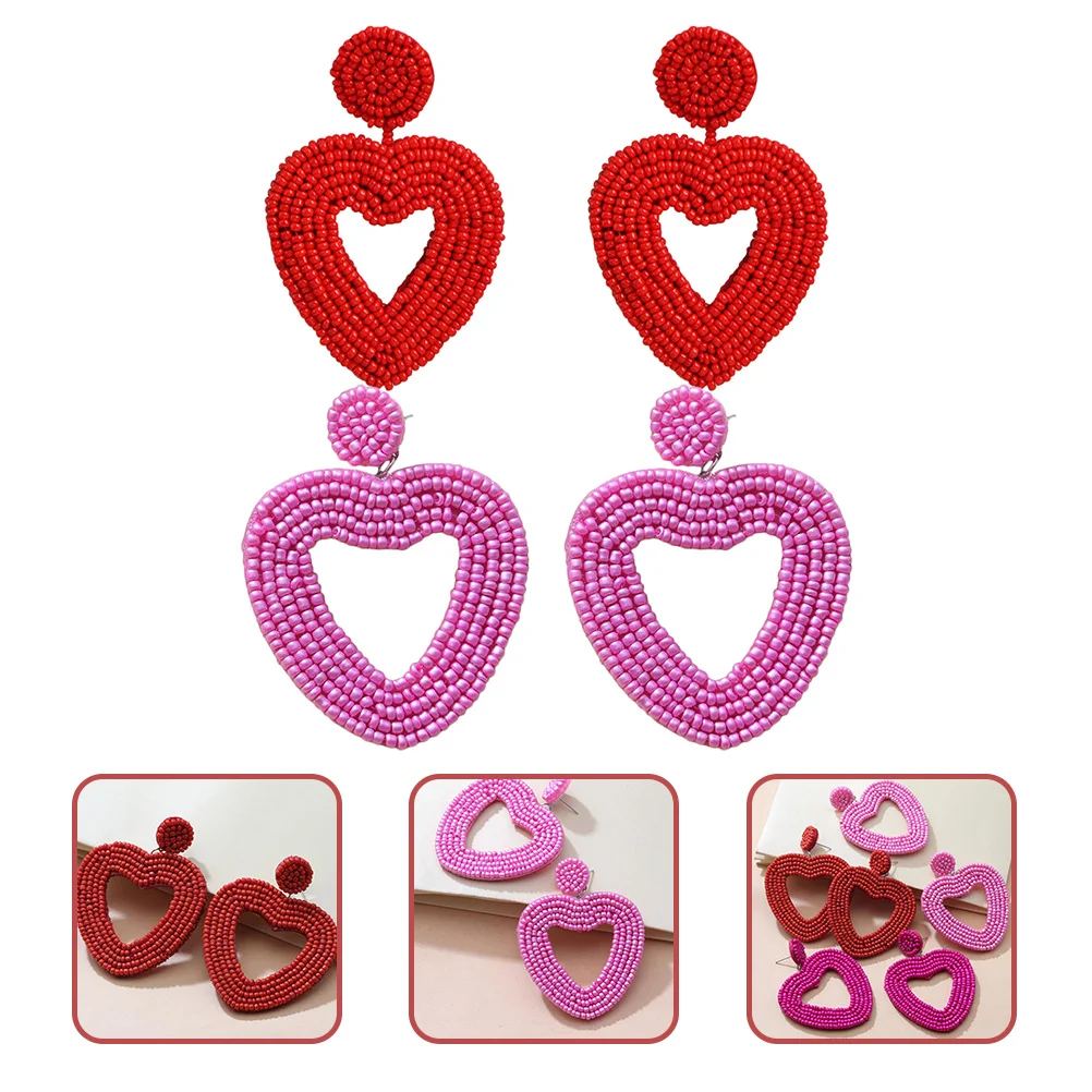 2Pairs Heart Earrings Trendy Beaded Drop Earrings for Girls Everyday Party Love Heart Dangle Jewelry Ear Jewelry