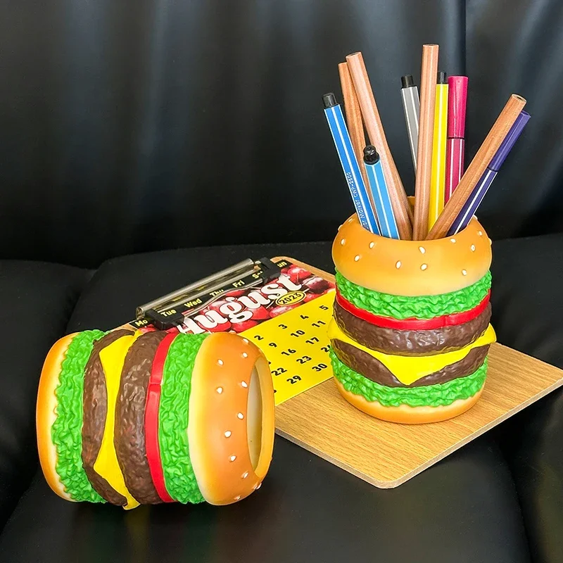 Cute Burger Shaped Pen Holder Bedroom Desk Decoration Delicious Cylinder Pen Organizer Storage Container Gift for Friends