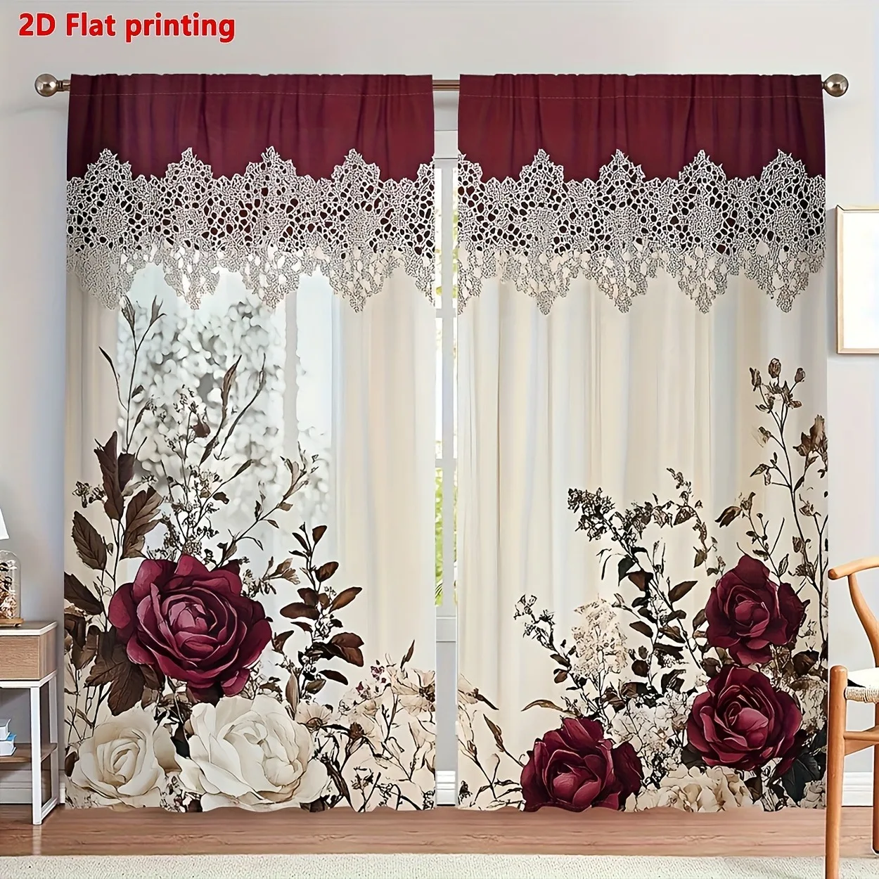 2D printing, 2 pieces, Victorian style retro floral design printed curtains, suitable for bedroom, living room curtains and home
