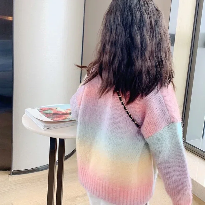 Girls Sweater Coat Autumn Gradient Cardigan Sweater 2023 New Childrens Rainbow Net Red Fashion Style Casual Girls Coat Top