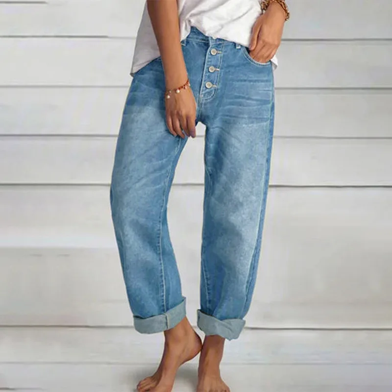 2024 Summer Oversize Women's Denim Pants Blue Pockets Empire Waist Wide-leg Jeans Loose Pants Female Summer Casual Fashion Lady