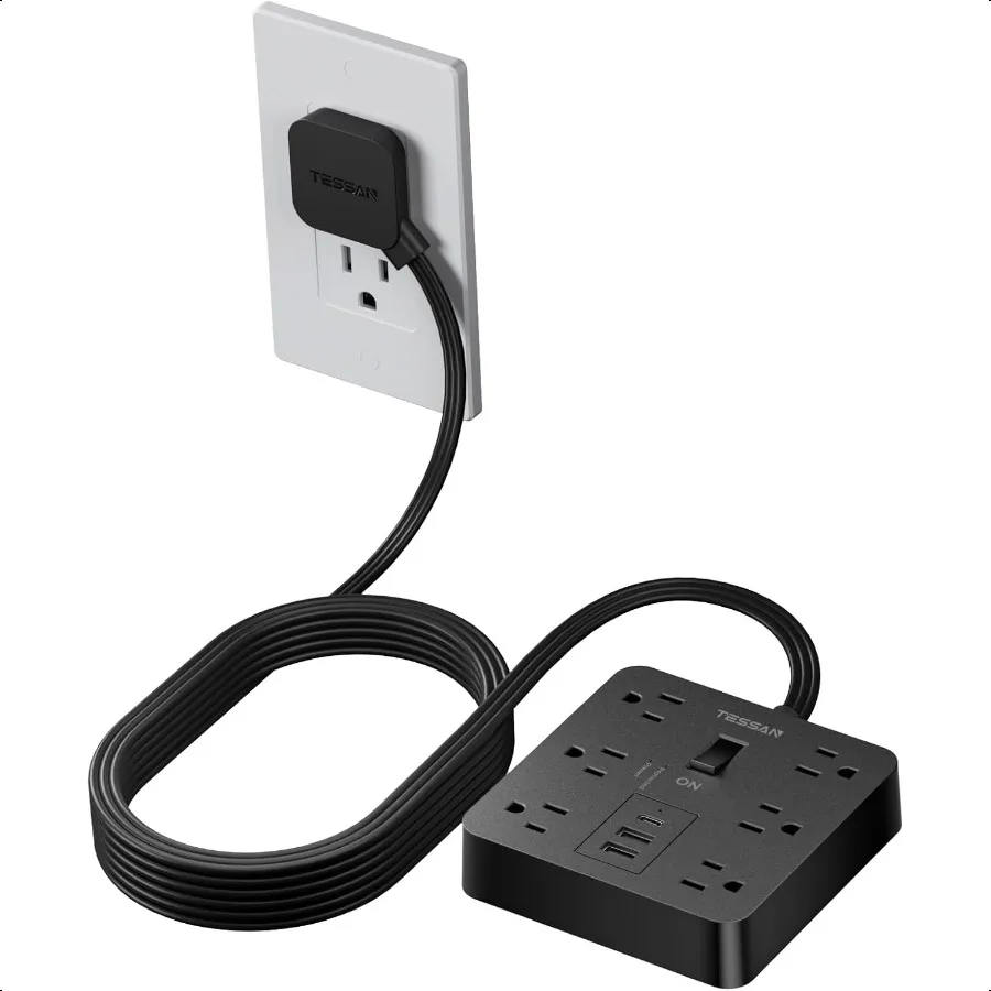 

Черный удлинитель с защитой от перенапряжения TAN Плоская вилка Удлинитель 5 футов с 6 розетками 3 USB-зарядное устройство 1 USB C 1700J Защита Multi