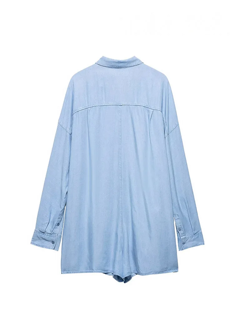 HH Jumpsuit Wanita Musim Panas Biru Kerah Lipat Lengan Panjang Saku Kancing Satu Baris Model Kasual Longgar