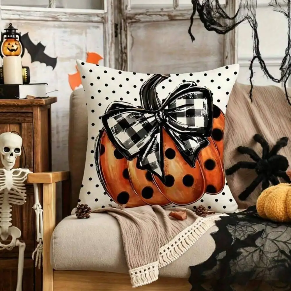 4Pcs Halloween Throw Pillow Covers, Single-Sided Print Polyester Cushion Cases With Zipper, Ghost Pumpkin Buffalo Plaid Decor Pillow Covers For Living Room Sofa