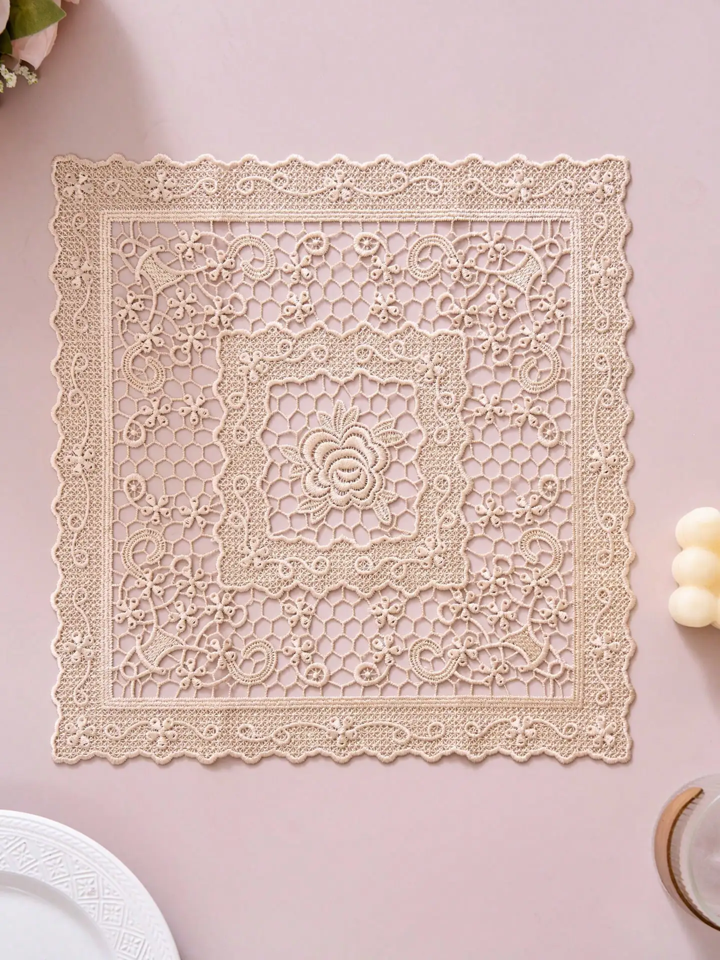 1/2/4/6pcs Bohemian Style Square Placemats, Solid Color & Floral Embroidered, Non-Slip Coasters For Dining Table, Kitchen,