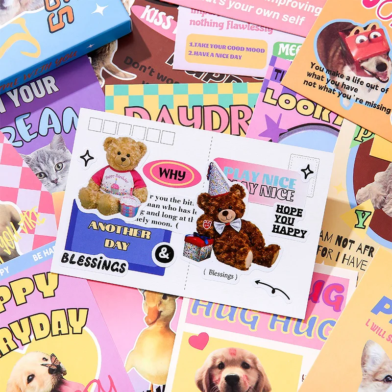 30Sheets American Retro Cute Animal English Postcard Birthday Anniversary Party Invitation Letter Message Folding Greeting Card