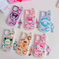 Cartoon Cute My Melody Cinnamoroll Purin Pachacco Mirror holder Case For iPhone 14 15Pro MAX 13 12 11 16 Hello Kitty Stand Cover