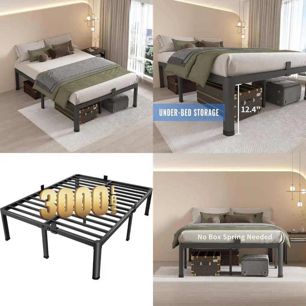 14 Queen Metal Bed Frame, Heavy Duty 3000 lbs Support, Round Corner Legs, No Box Spring, Easy Assembly