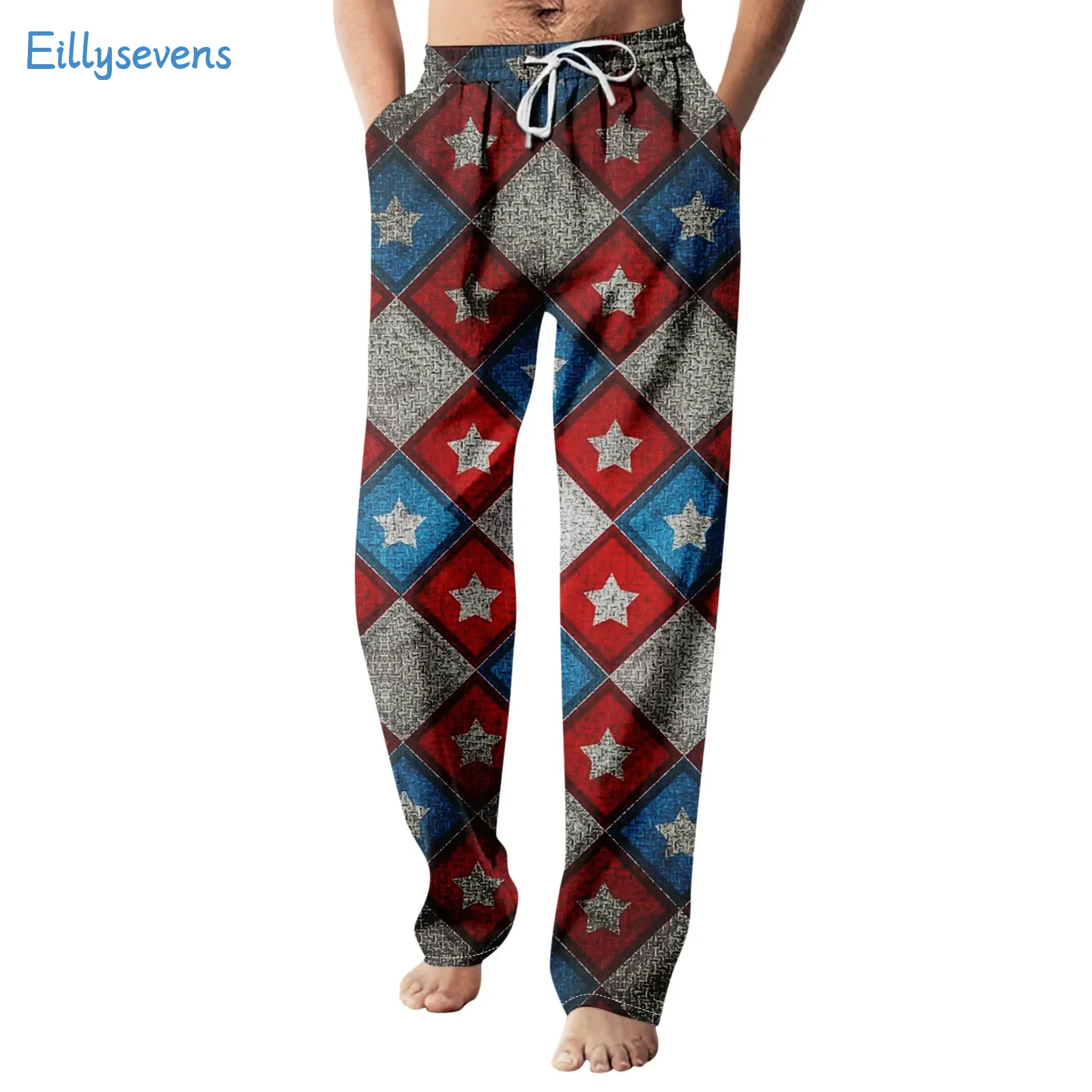 Casual Imitation Linen Trousers For Men Drawstring Elastic Waist Loose Straight Pants With Pockets Independence Day Print Pants