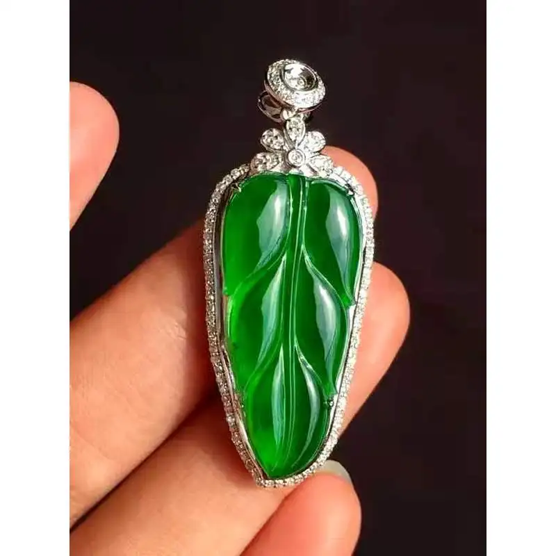 Natural ice-grade positive pendant, 1k gold inlay, genuine Burmese full green golden leaf jadeite