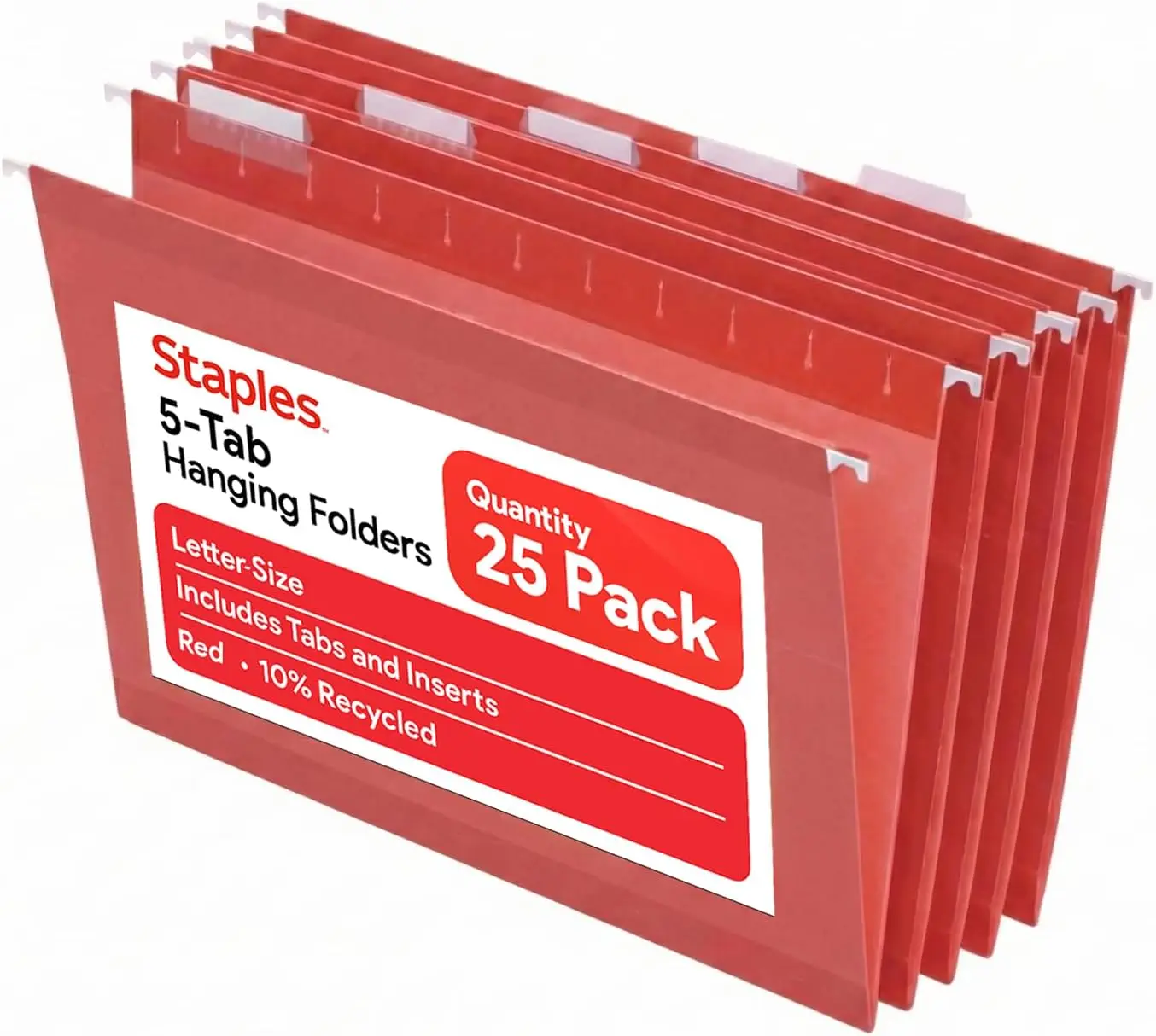 

Hanging File Folders, Letter Size, Red, 1/5‑Cut Tabs, Tear‑Resistant Durable Construction – 25/Pack