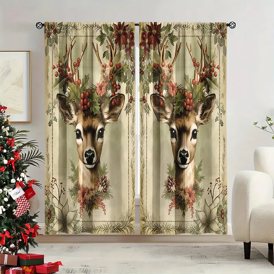 2PCS Christmas Winter Curtains, Vintage Deer Head Berry Poinsettia Pine Frame, Digital Print, Bedroom Living Room, Home Decor