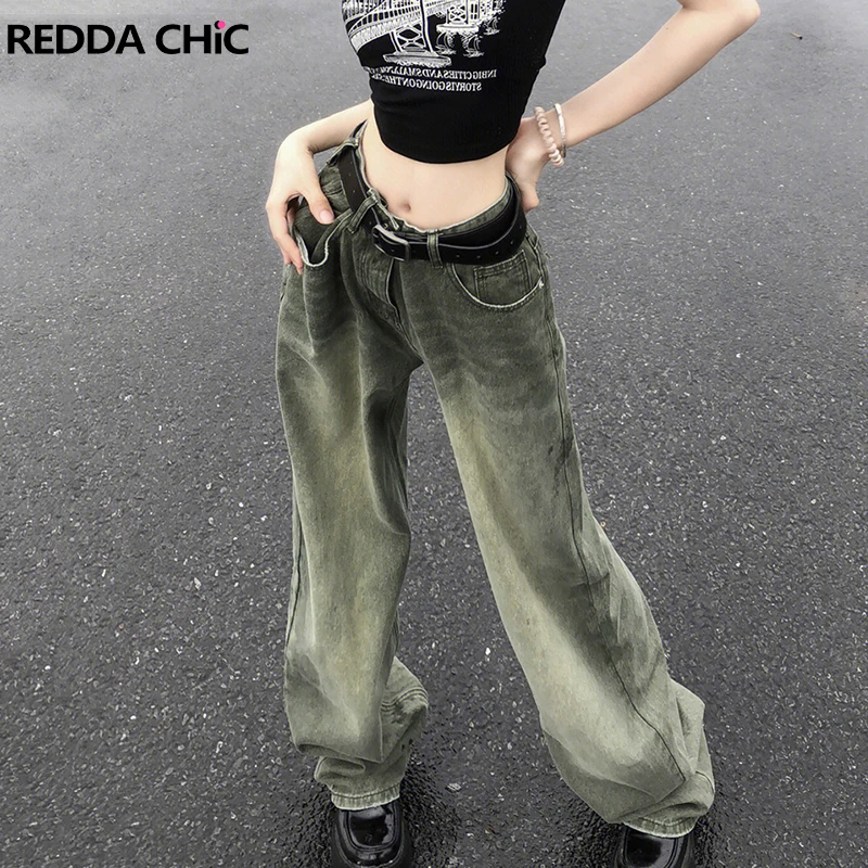 REDDACHiC Gradient Green Y2k Jeans Casual Wide Pants for Women Korean Streetwear Baggy Jeans Long Trousers 2000s Vintage Clothes