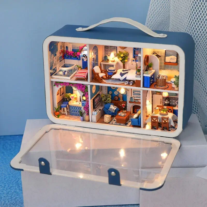 DIY Wooden Mini Casa Aegean Sea Travel Suitcase Miniature Model Kits With Furniture Puzzles Dollhouse for Friends Birthday Gifts