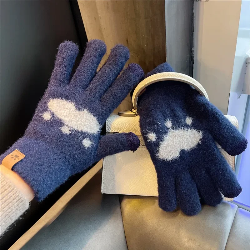 Guantes de felpa con estampado de pata de gato para mujer, manopla suave y esponjosa para pantalla táctil, invierno, deporte al aire libre,