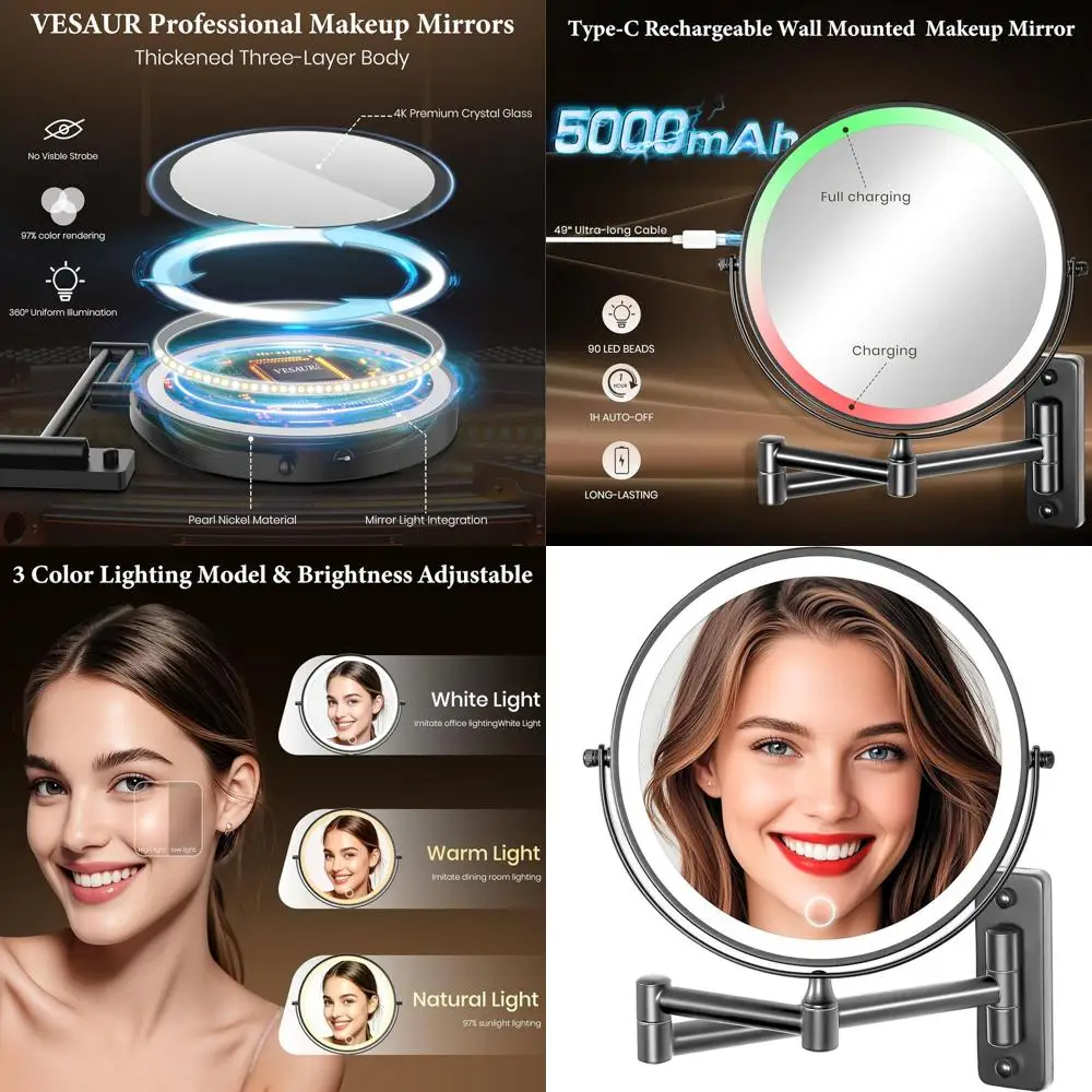 مرآة مكياج كبيرة مضاءة LED مثبتة على الحائط مكونة من 9 قطع مع تكبير 1X/20X وإضاءة ثلاثية الألوان، 360 درجة ° دوار، 17 للحمام #1