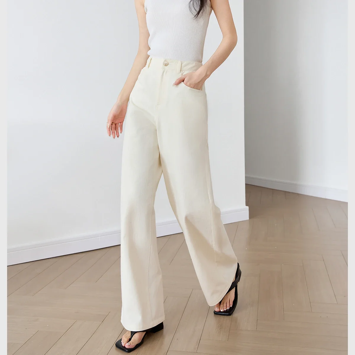 VIMLY Women 100% Cotton Casual Basic Straight Pants 2025 Spring Office Lady Wide Leg Pants Simple Loose Trousers Women Clothing