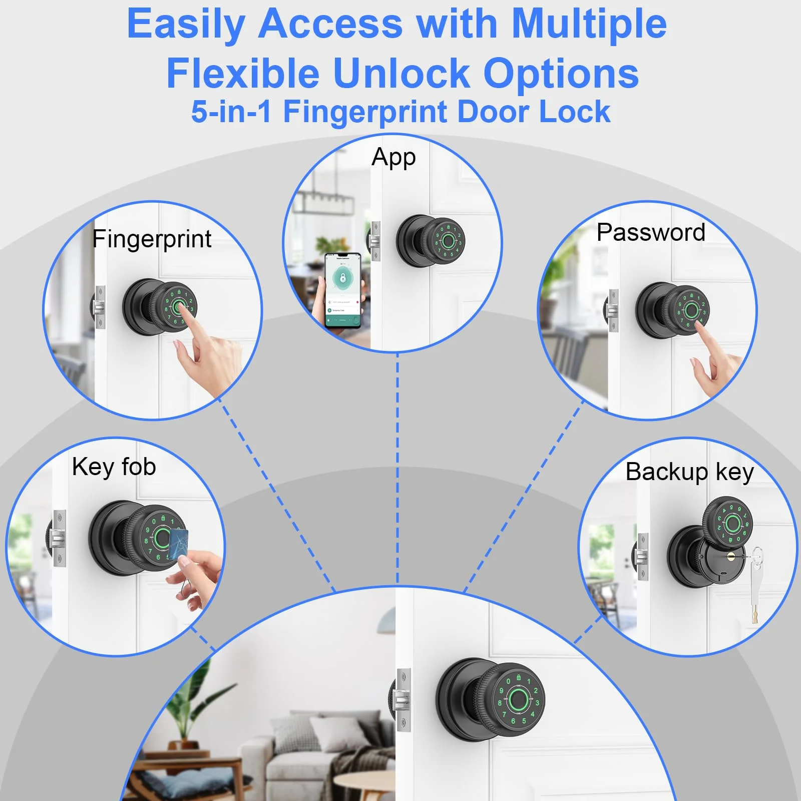 Smart Door Knob Handle Spherical Fingerprint Door Lock  with Passcode Keypad Fingerprint App Unlock