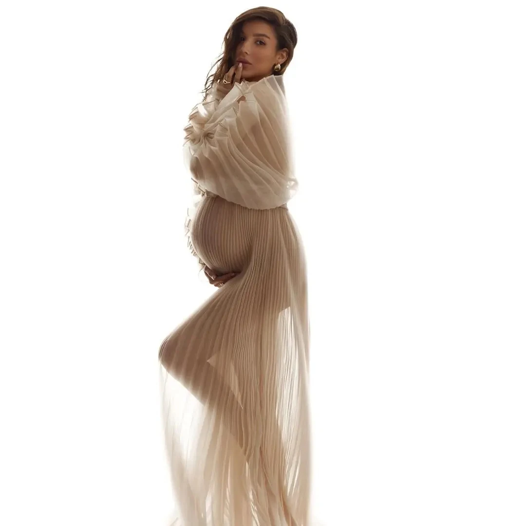 Nude Color Pregnant Women Dress Sheer Sleeves Long Maternity Gowns Sexy Transparent Bridal Dress Photography Custom Made