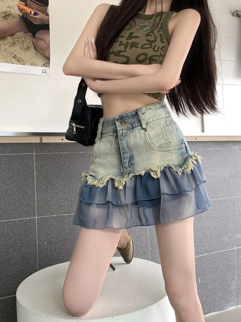 Jeans Skirts For Women Patchwork With Pocket Gyaru Woman Denim Skirt Korean Style Vintage Premium Offer Aesthetic Hot A Line Y2k