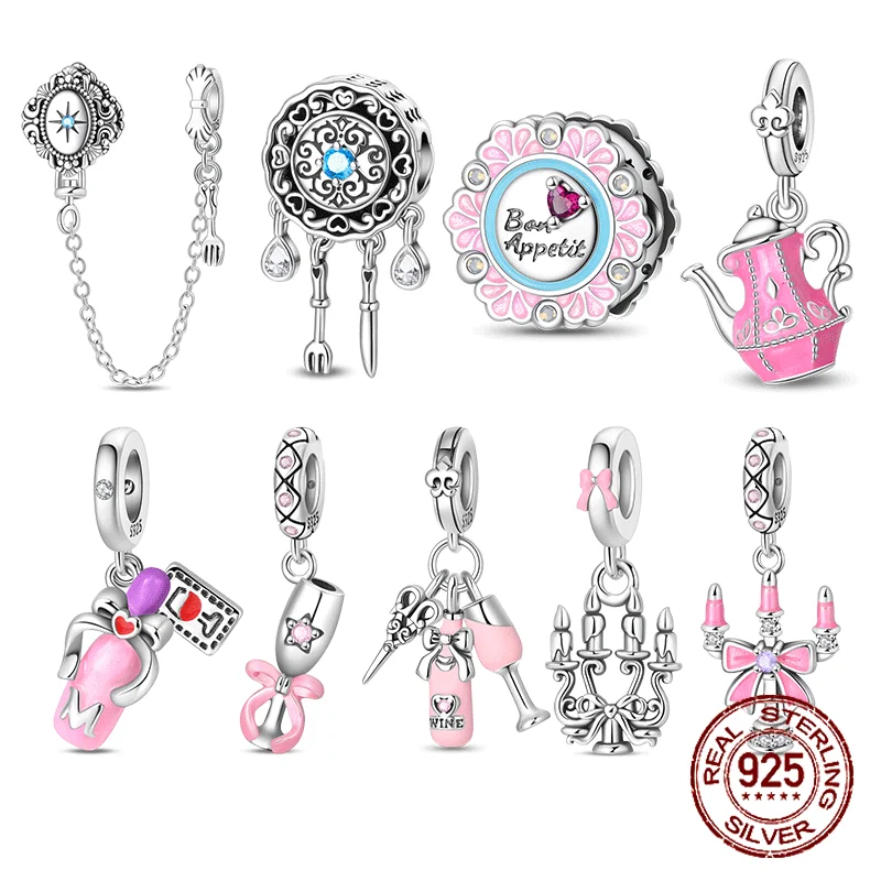 

Romantic Tableware Collection 925 Sterling Silver Wine Glass Plate Pendant Fit Original Charm Bracelets Women DIY Jewelry Gift
