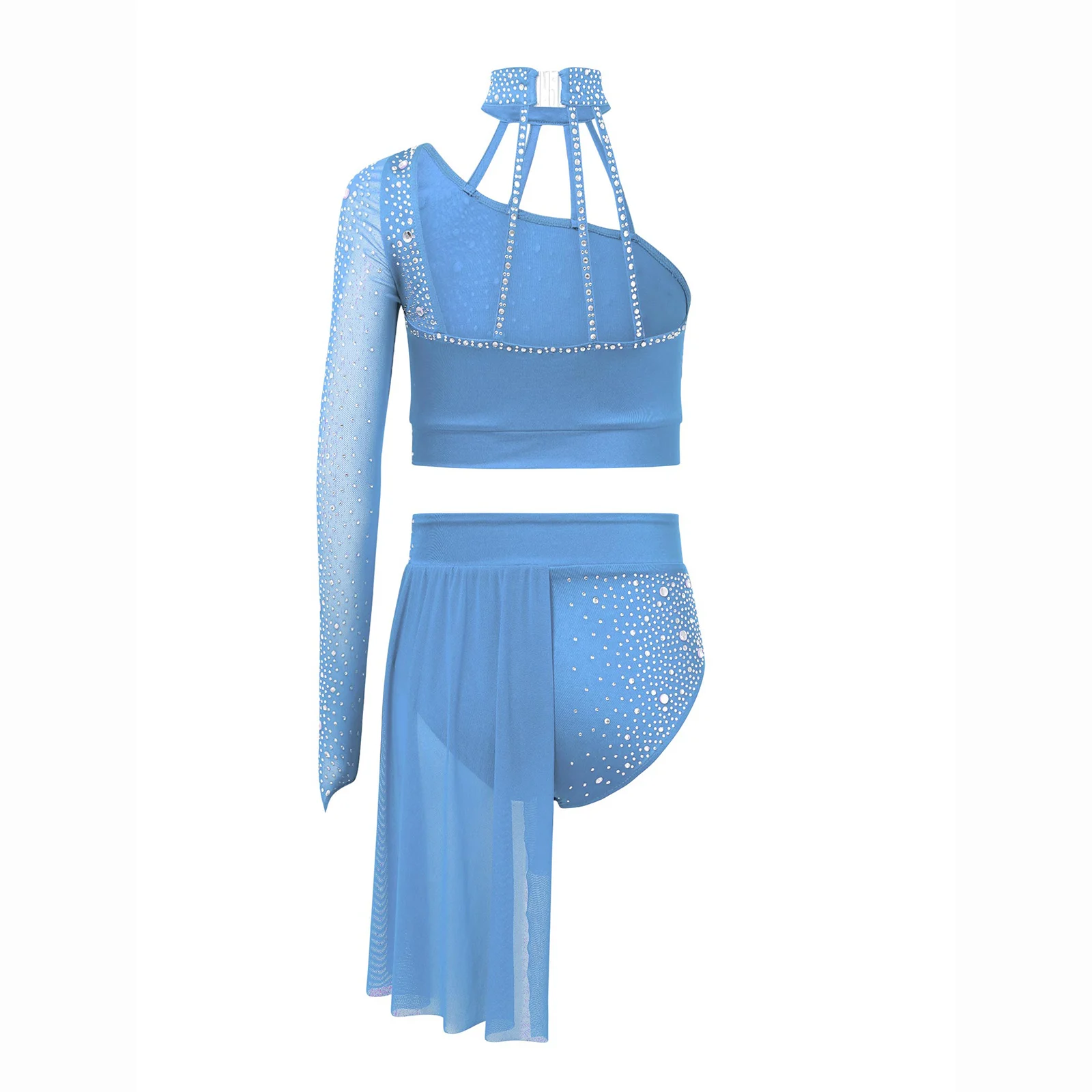 Girls Lyrical Dance Outfit Figure Skating Gymnastics Performance Costume Shiny Rhinestone Sheer Mesh Crop Top with Leotard Skirt