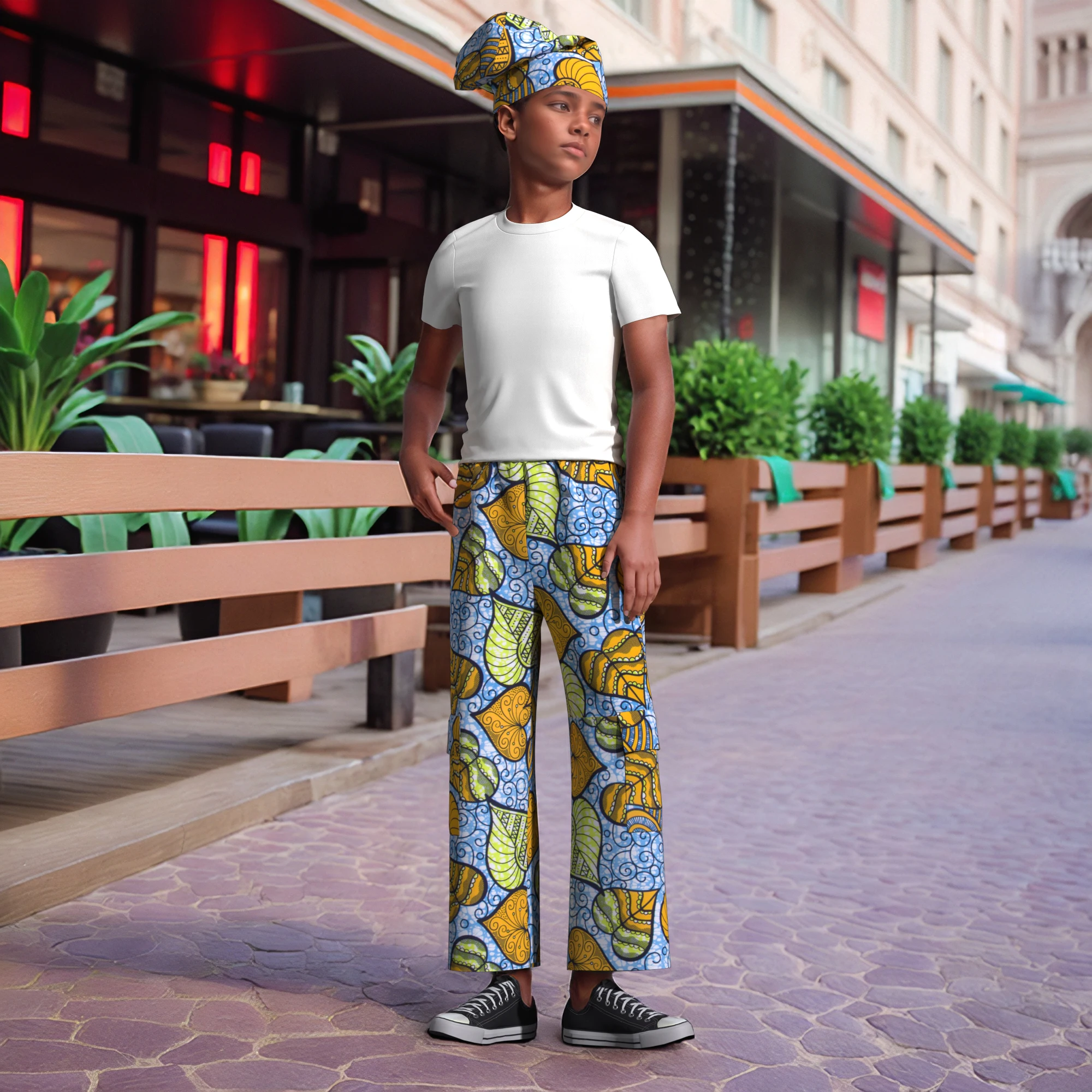 ORIENTAR Boys African Wax Print Pants Set Floral Ankara Trousers with Matching Headwrap Hat Ethnic Outfit for Daily WYT899
